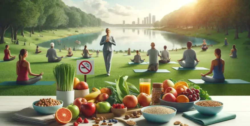 A lifestyle collage featuring healthy foods, people exercising, a no smoking sign, and a stress-free environment.