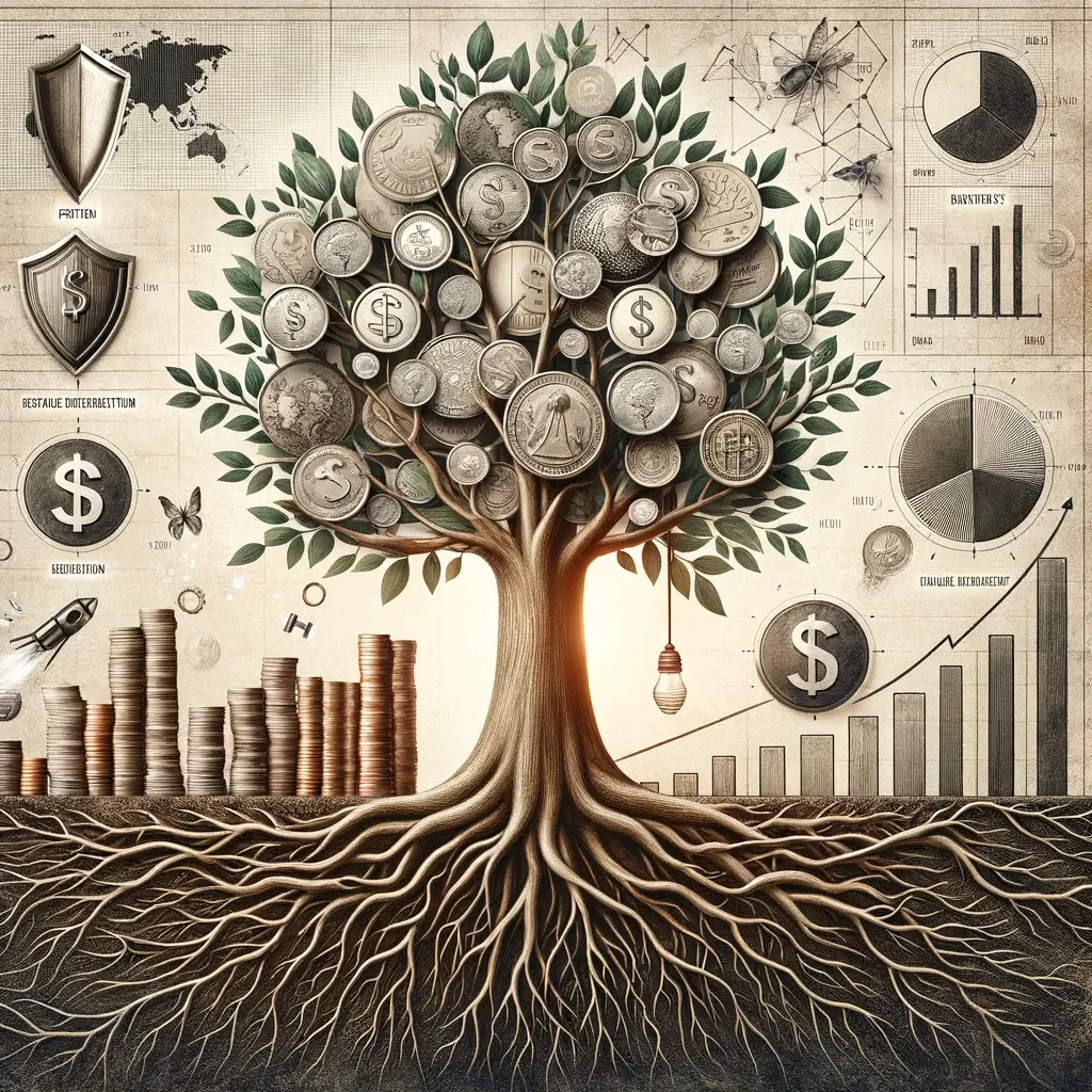 A vibrant infographic depicting a tree with roots in the form of coins and dollar notes and branches holding symbols of financial strategies like shields, pie charts, and lightbulbs, set against an upward-trending financial graph background, illustrating the growth and resilience of small business financial strategies.