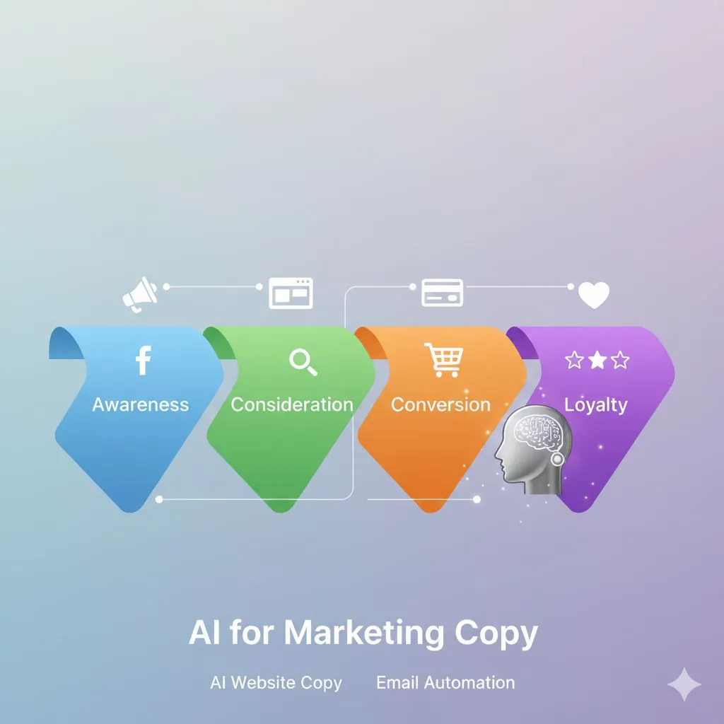 A graphic of the customer journey, showing how AI for marketing copy can be used to create content for every stage, from AI website copy to email automation.