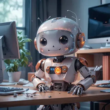 cute robot smiling while working in front of computer