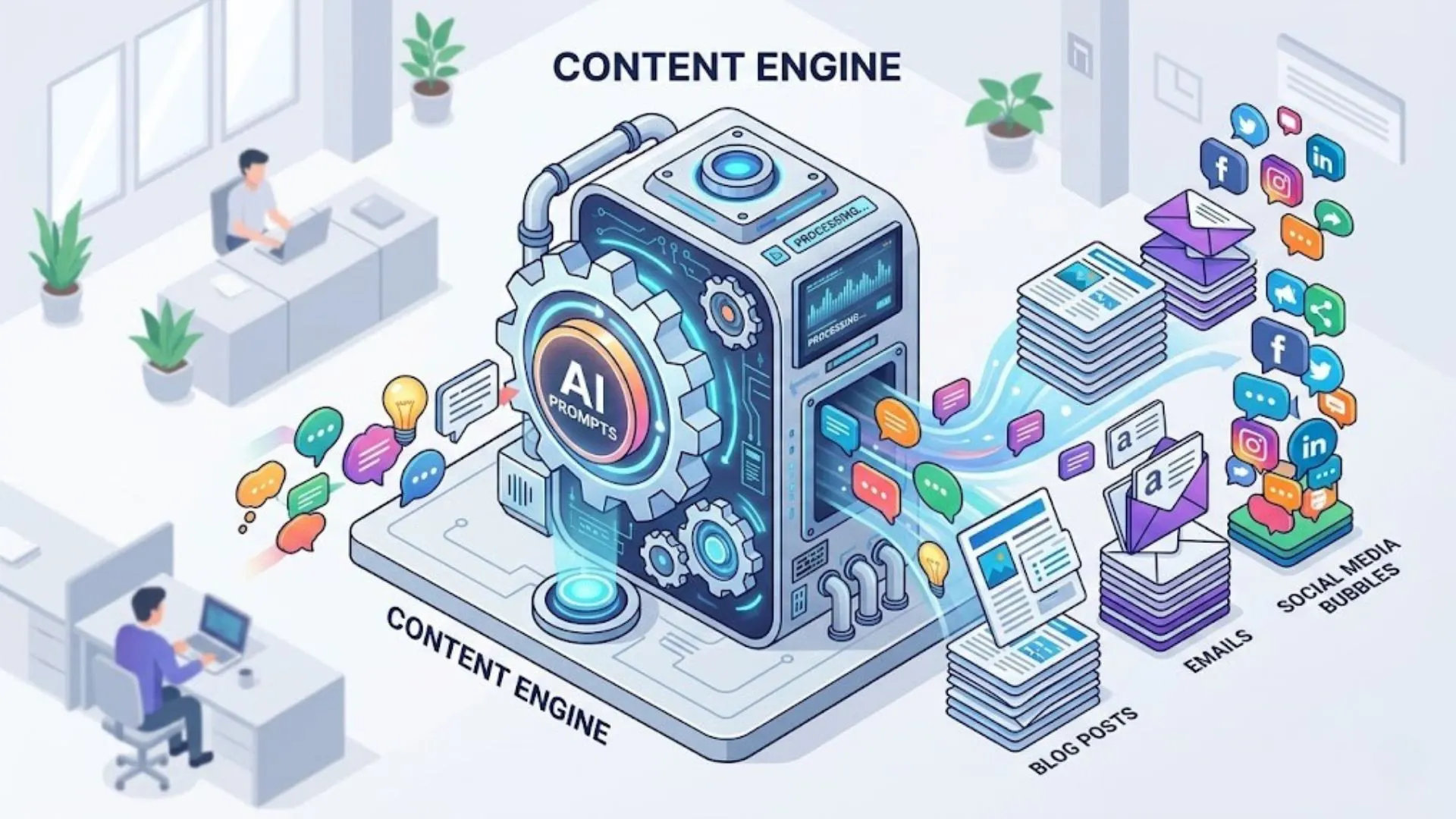 Isometric illustration of an AI content engine generating blogs and emails.