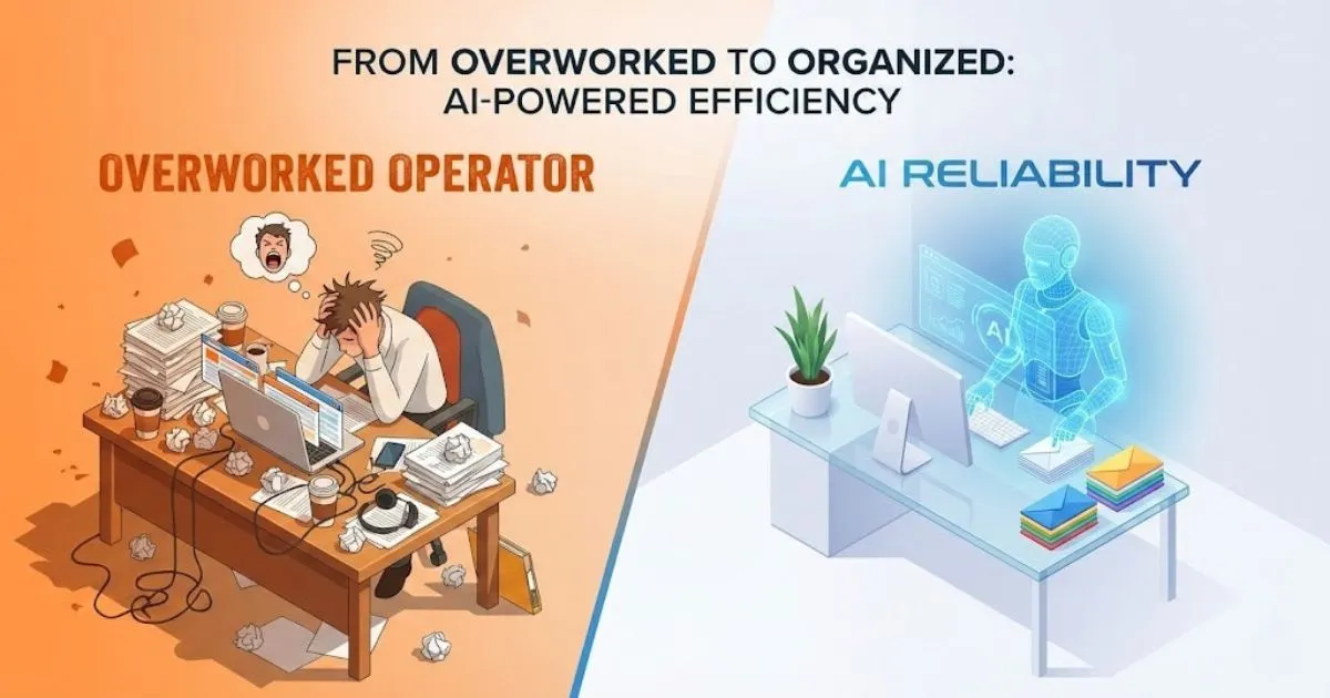 Comparison of a stressed business owner versus an organized AI-assisted workflow.