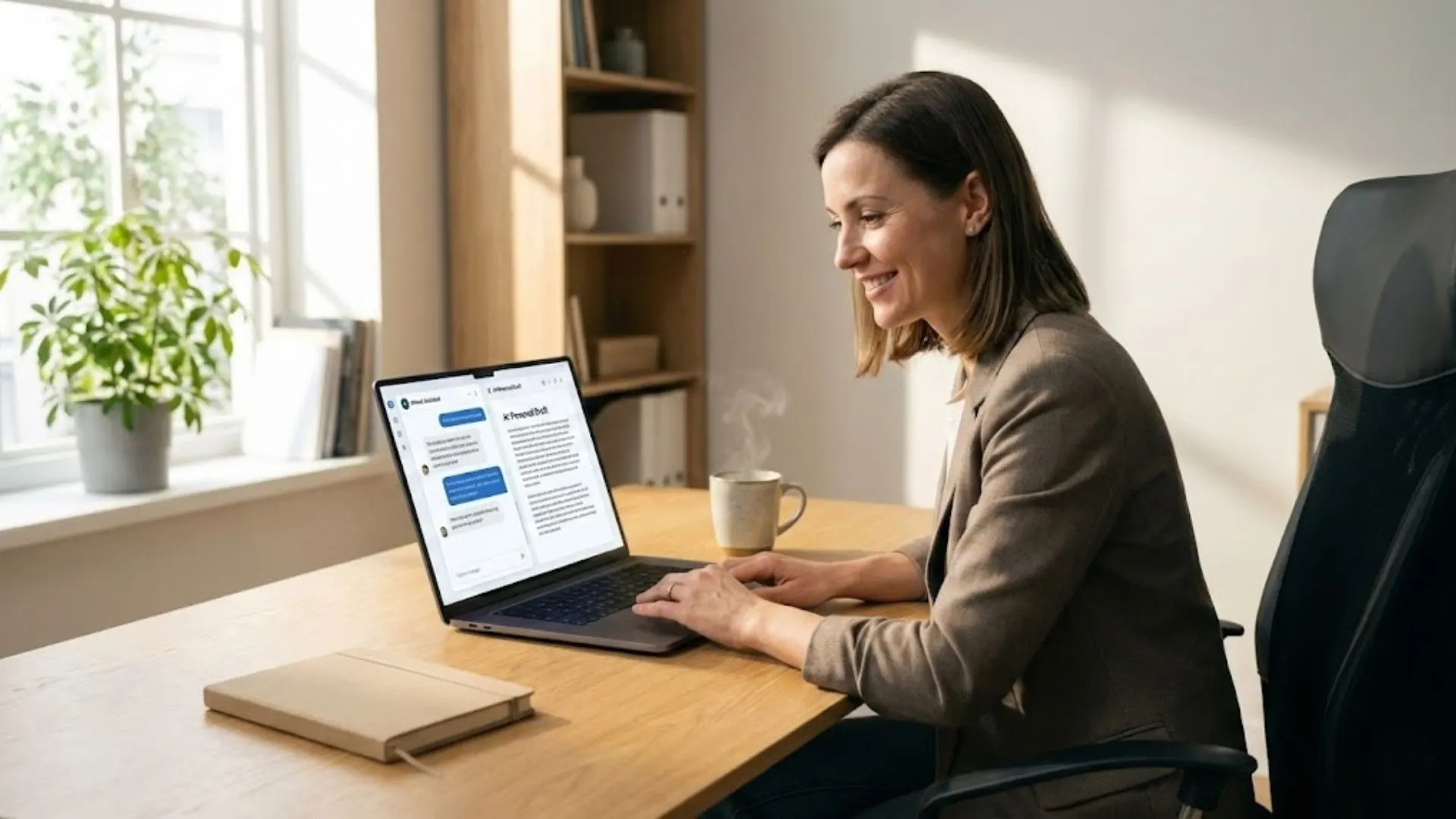 A confident entrepreneur successfully managing a virtual assistant using AI prompt tools on a laptop.