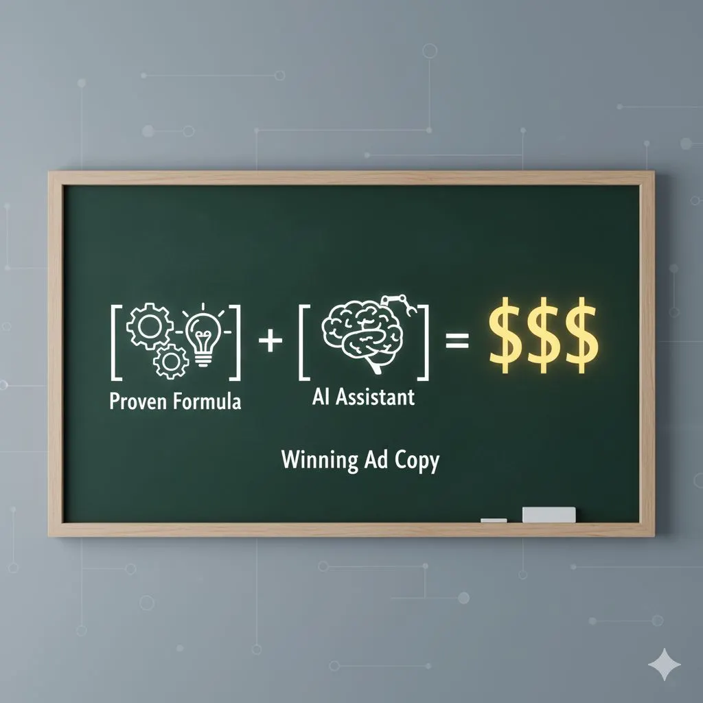 An equation on a chalkboard showing that a proven formula plus an AI assistant creates profitable sales copy AI.