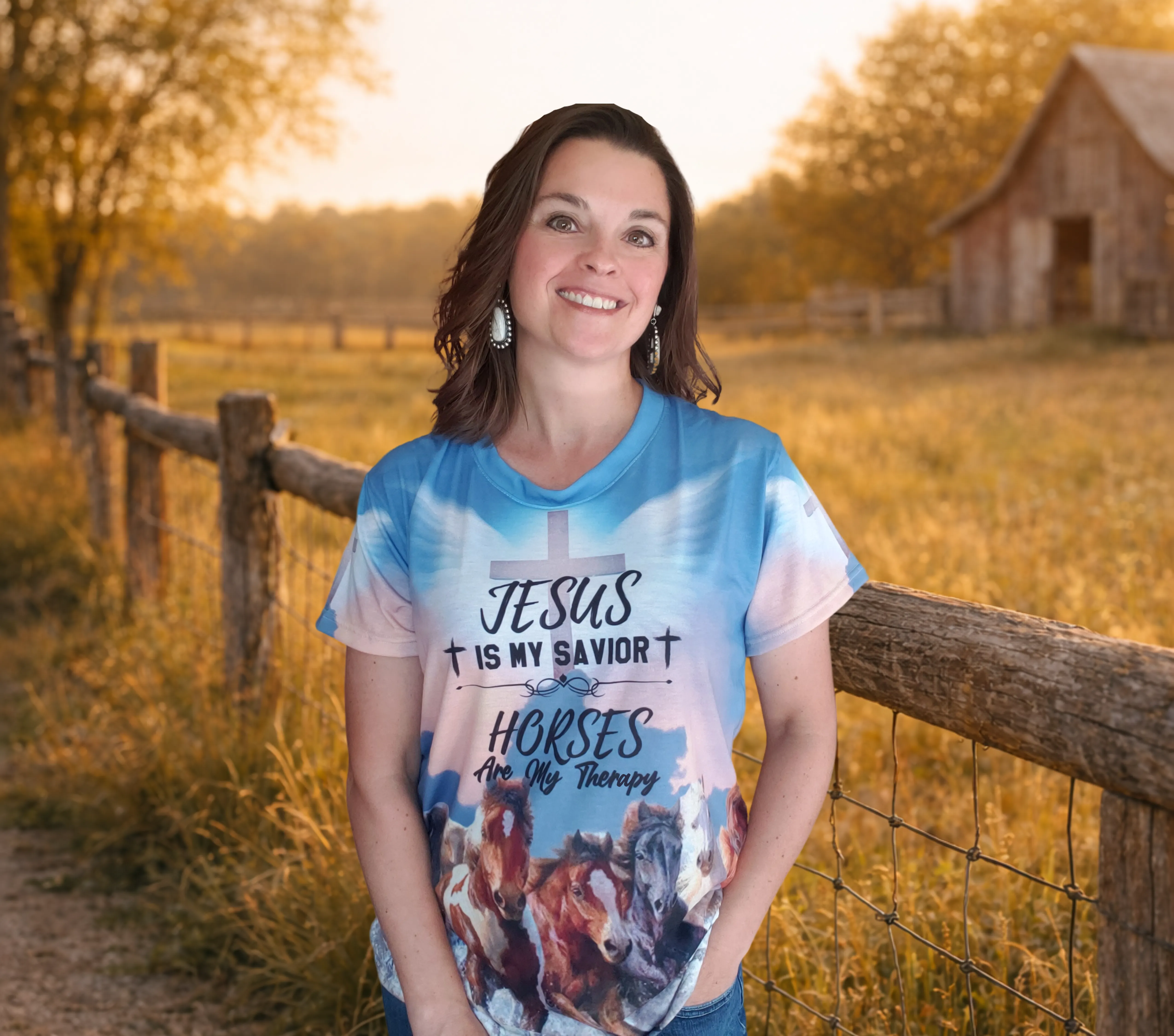 woman wearing a t-shirt that says Jesus is my savior horses are my therapy