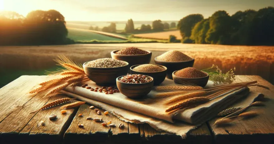 a rustic table set with bowls of various ancient grains like Einkorn, Kamut, and spelt, set against the backdrop of a pastoral field.