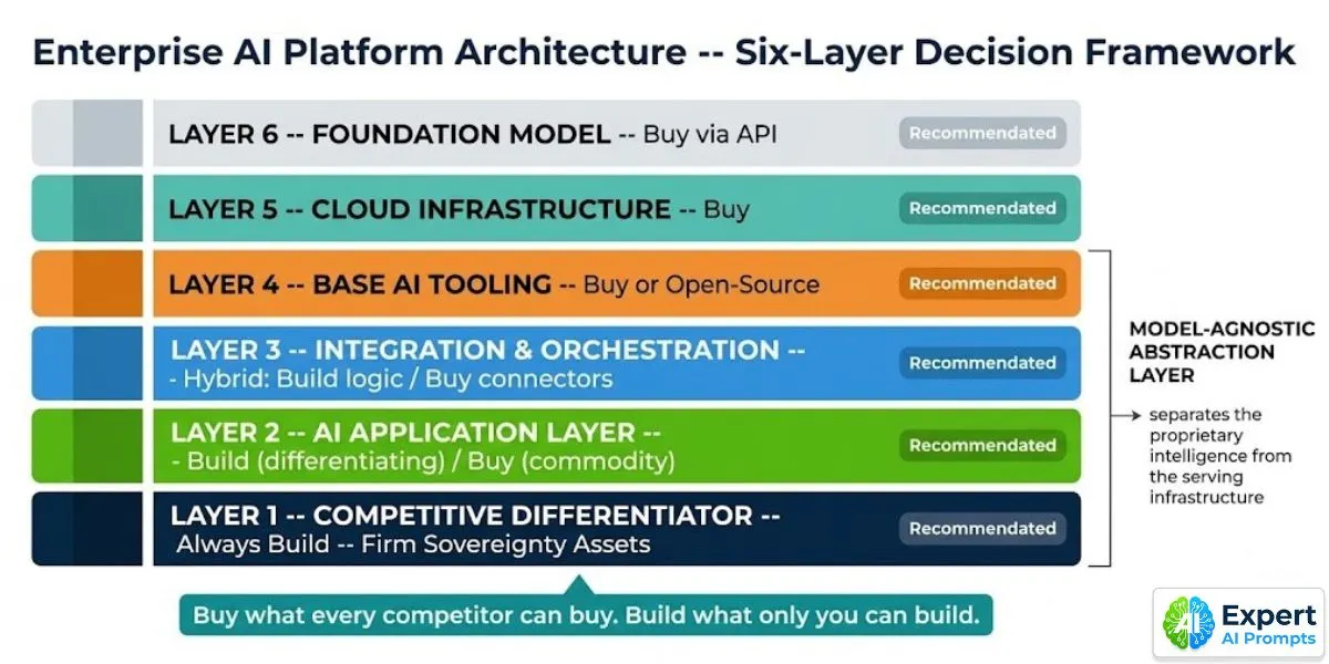 Enterprise AI platform architecture: six-layer stack from foundation model at top to competitive differentiator at bottom, with model-agnostic abstraction layer spanning layers 1-3