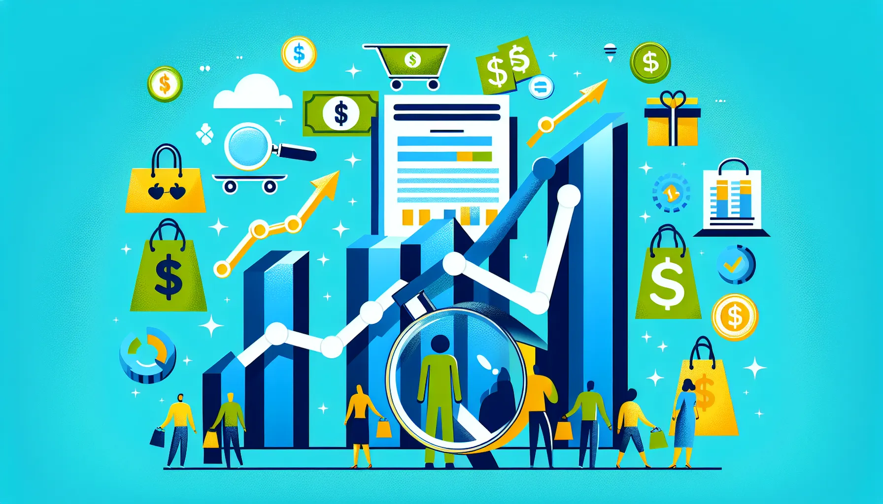 Illustration of people analyzing financial data with bar graphs, charts, shopping icons, magnifying glass, and currency symbols on a blue background conveying business and economic growth and exploring sales growth strategies.