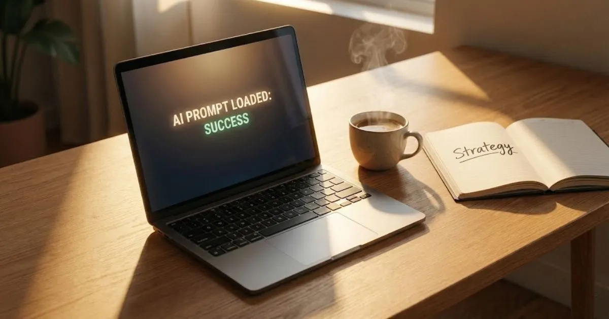Laptop on desk showing successful AI prompt generation for business.