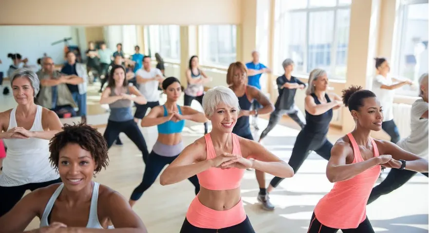 Group of individuals participating in an energizing exercise class, highlighting the connection between physical activity and stress relief.