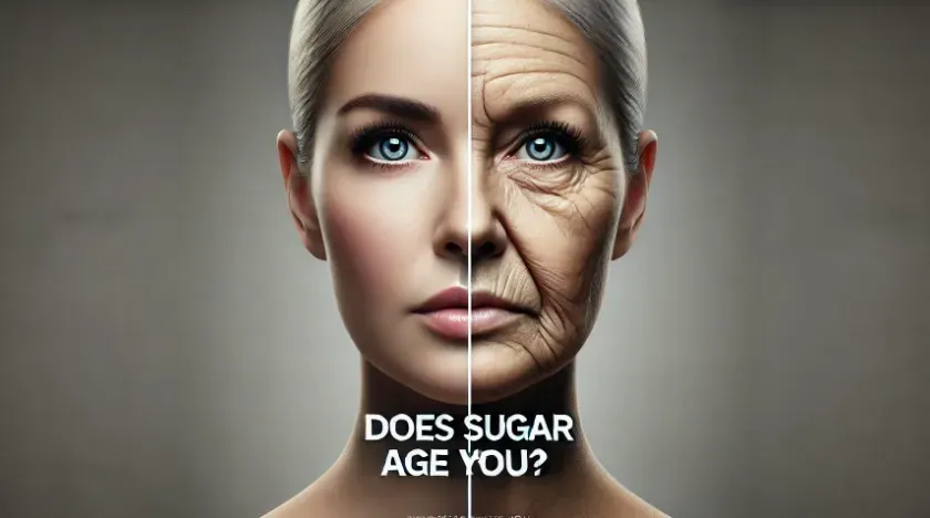 woman's face split to show the contrasting effects of aging, with the text "Does sugar age you?" prominently displayed at the bottom