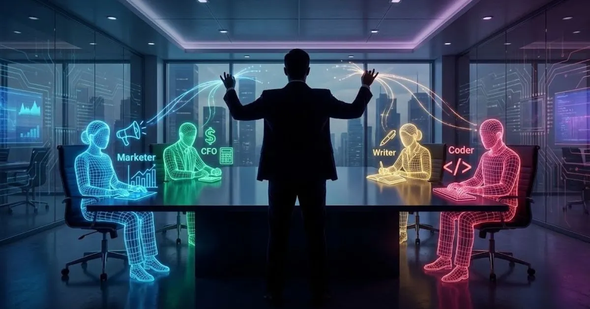 A solopreneur managing a team of AI agents at a conference table.