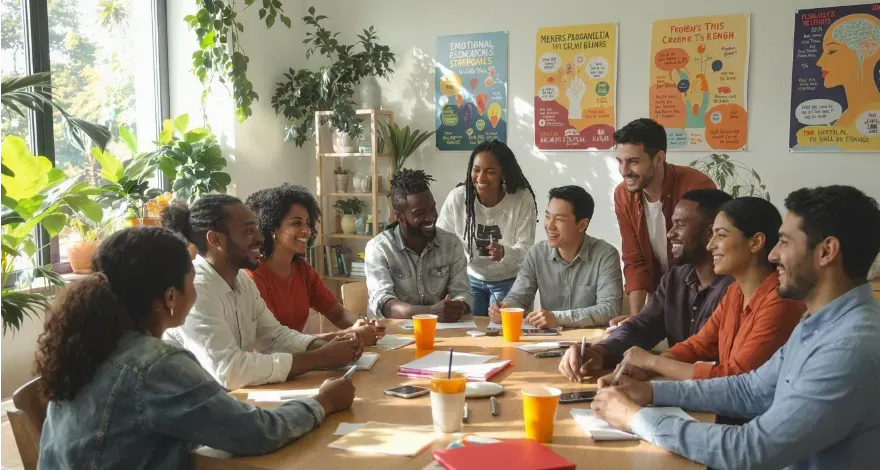 a diverse group of individuals of varying ages and backgrounds engage in a collaborative workshop focused on building mental strength