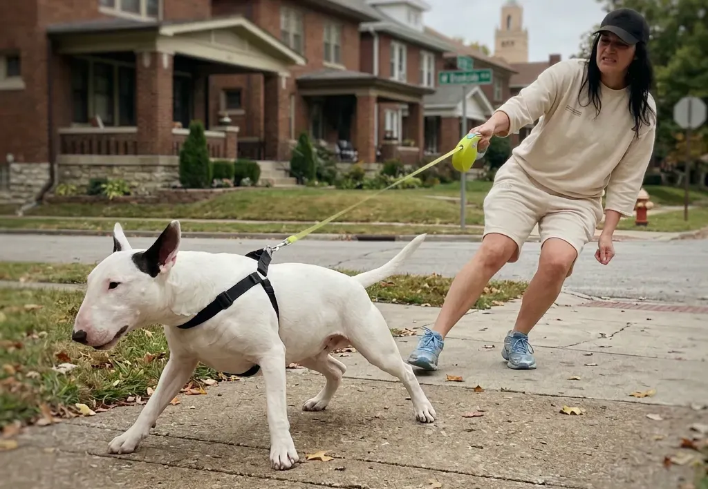 Dog pulling hard on leash while owner struggles to control walk, showing leash reactivity and pulling behavior during training