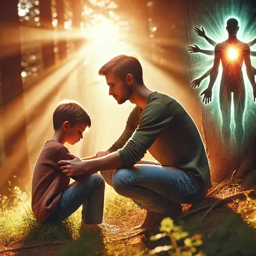 An abstract, emotional digital artwork showing fractured light beams weaving back into unity, symbolizing the integration process after emotional upheaval and identity transformation