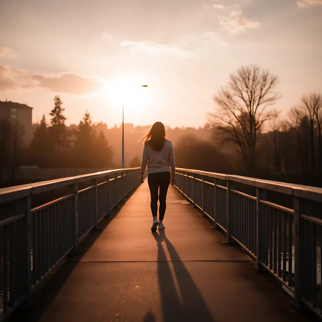 Young woman walking on a bridge in the sunset