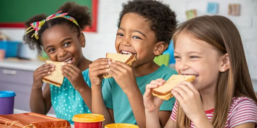 Children enjoying peanut butter sandwiches as part of early allergy prevention.