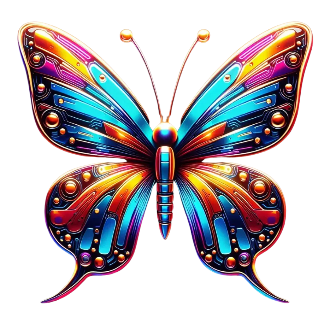Vibrant futuristic butterfly illustration featuring glowing neon wings with intricate circuit-board patterns in electric blue, orange, pink, and purple. The symmetrical digital design combines technology, transformation, innovation, and growth themes against a black background, creating a striking symbol of personal development, wellness transformation, and modern branding.