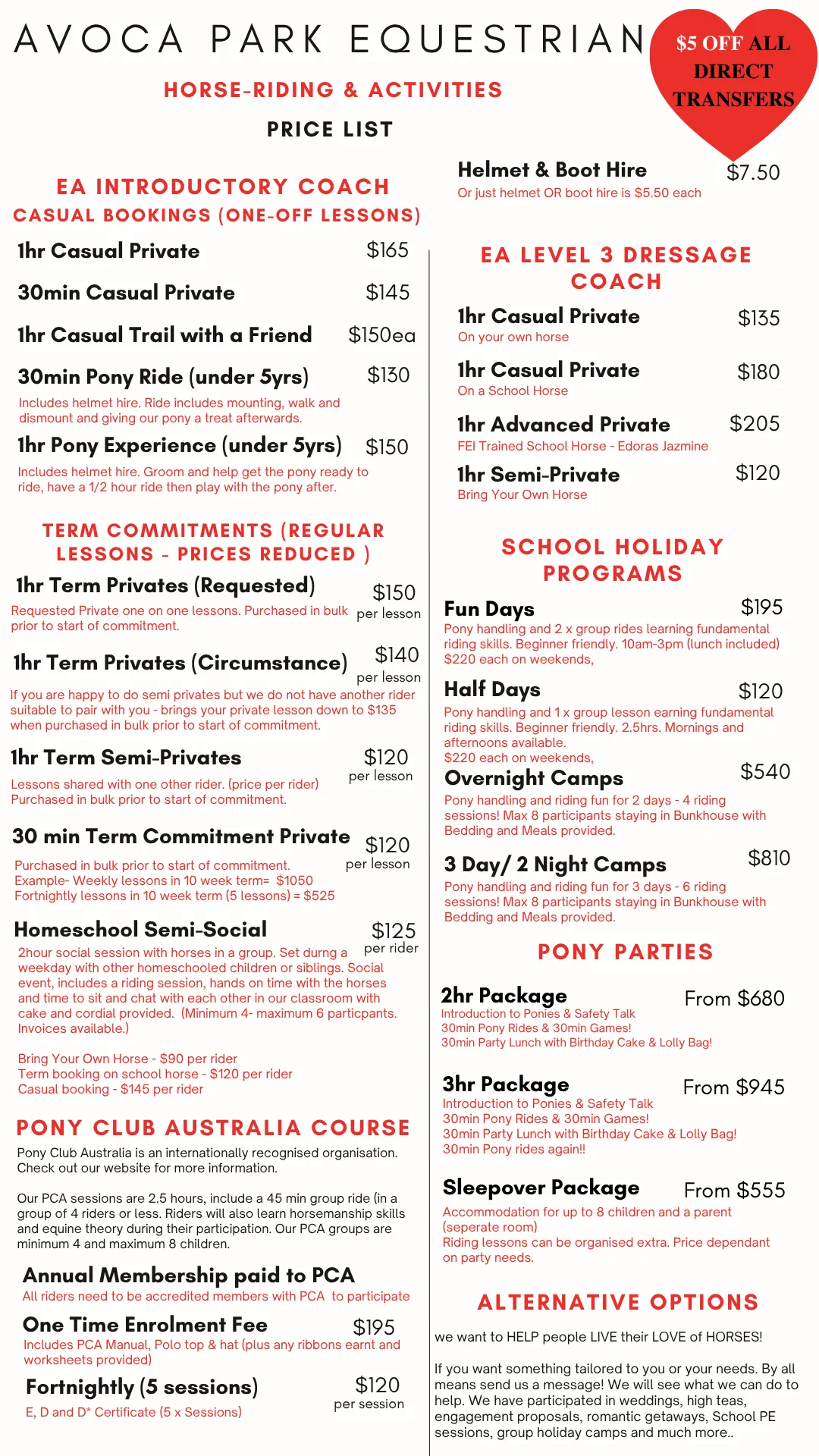 HORSE RIDING PRICE LIST