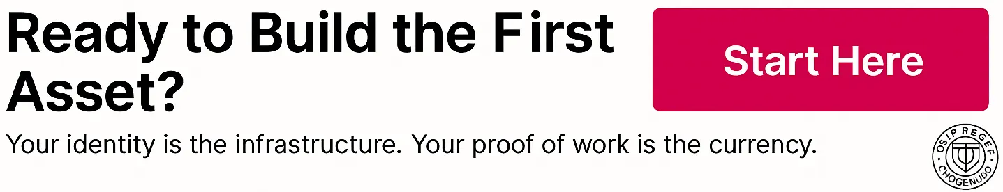 A narrow white banner with bold black text reading “Ready to Build the First Asset?” on the left and a magenta “Start Here” button on the right.