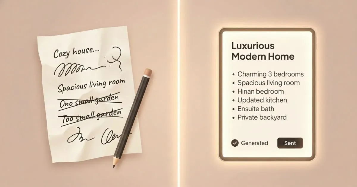 Comparison of messy handwriting versus clean AI-generated real estate listing.