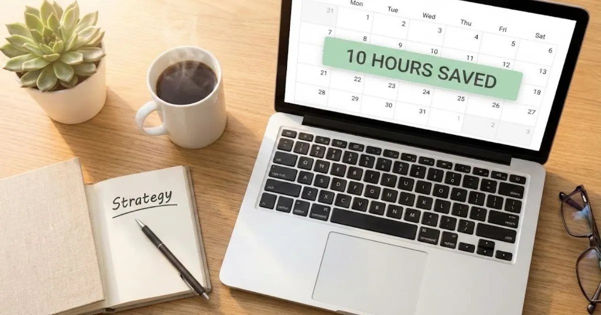 Modern workspace with laptop showing productivity gains from AI tools.