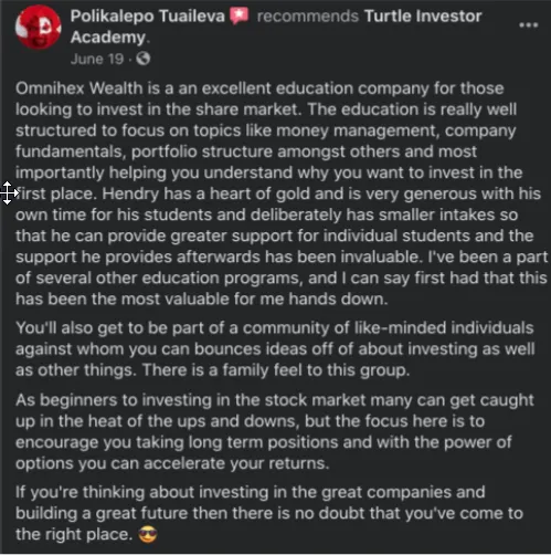 Satisfied investor Poli sharing his success story with Turtle Investor Academy