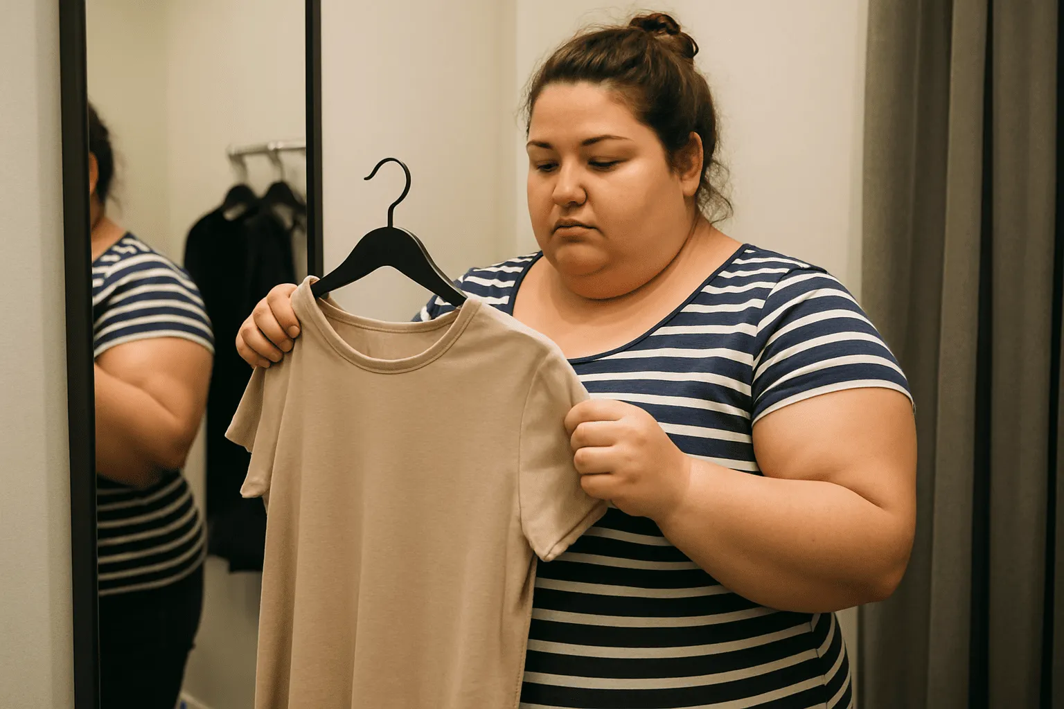 mulher obesa triste segurando roupa em uma loja
