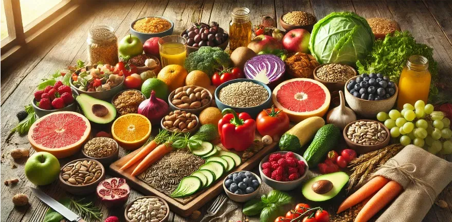 Colorful Mediterranean diet meal spread with fruits, vegetables, whole grains, nuts, and legumes.