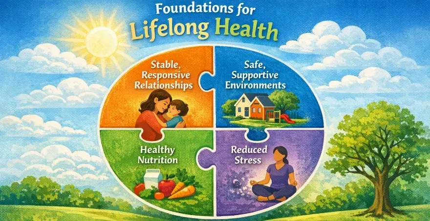 Illustrated infographic titled “Foundations for Lifelong Health” showing a circular puzzle divided into four sections: stable, responsive relationships (parent and child), safe supportive environments (home), healthy nutrition (fruits and vegetables), and reduced stress (person meditating), set in a bright outdoor landscape with symbols for brain development, resilience, and disease prevention.