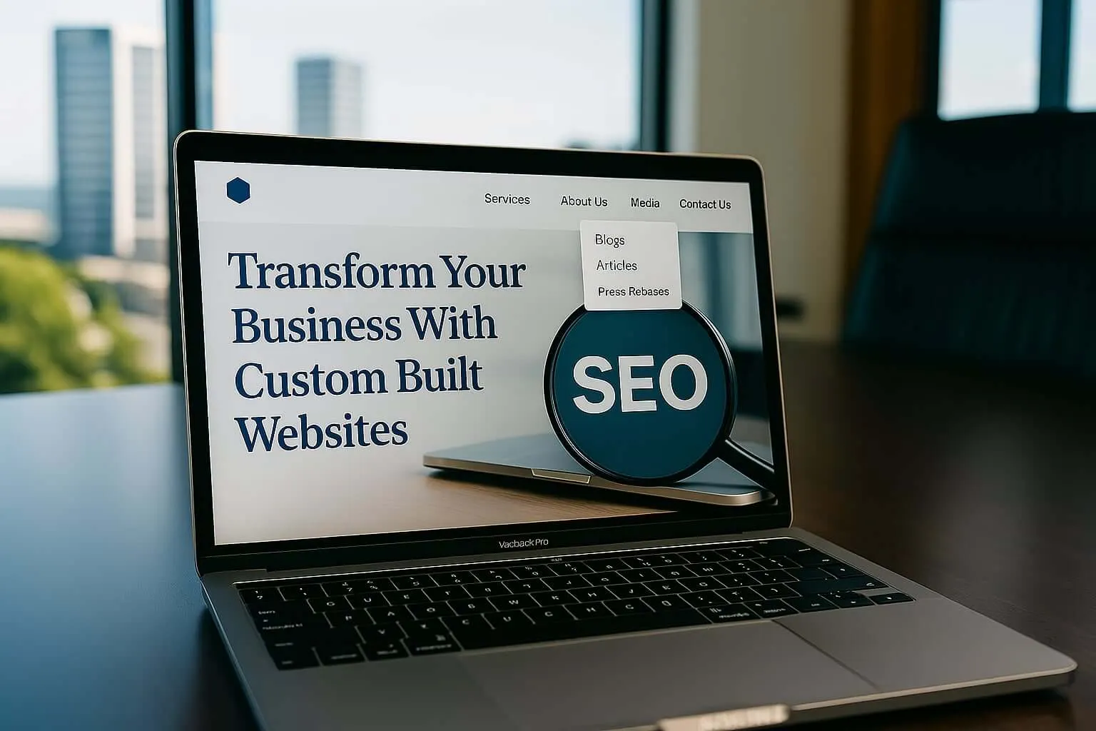 <alt=“Custom website design and SEO services visualized on a MacBook Pro – maxCEOS Digital”>