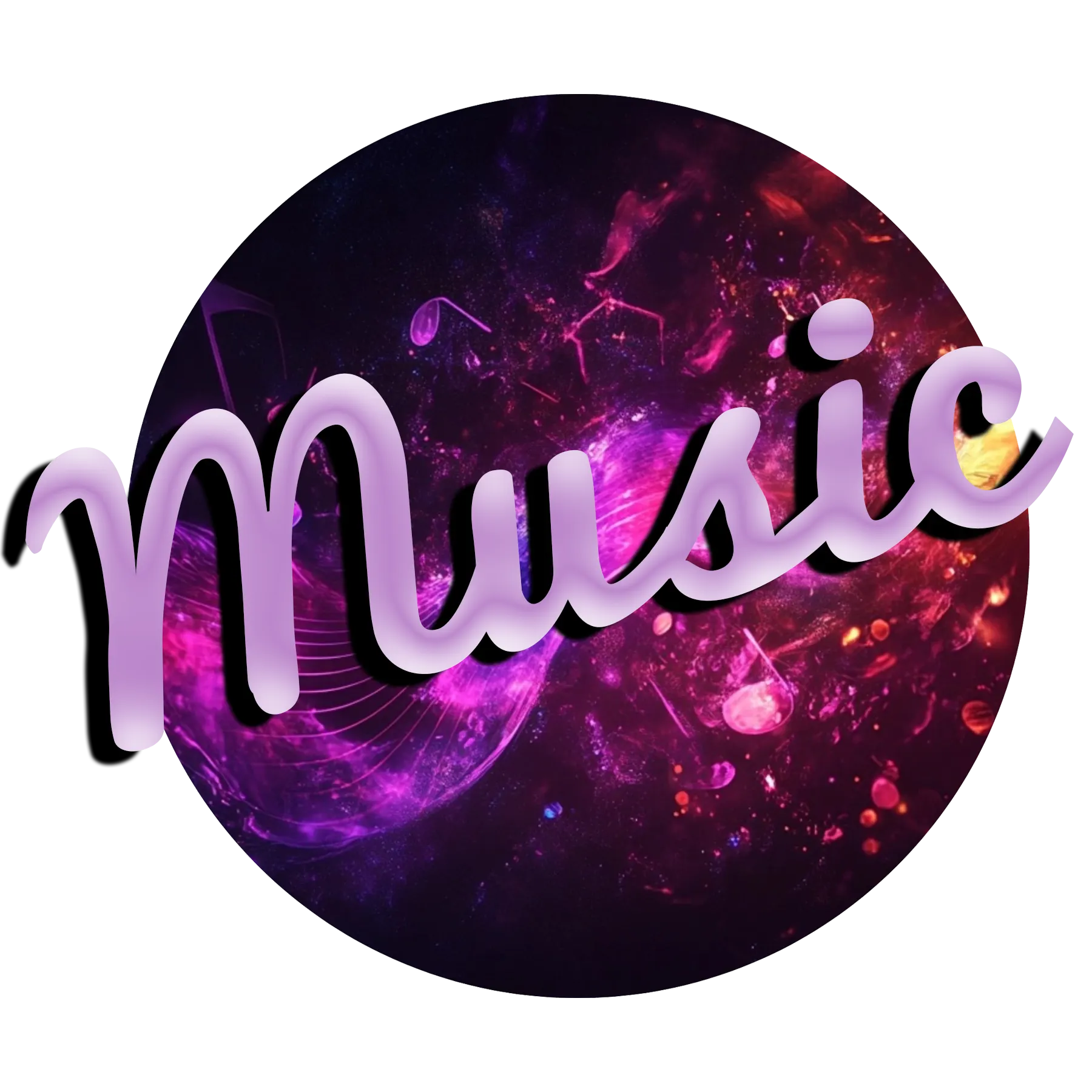 Izzy on the Eyes music shop button with black music notes icon and script text Music