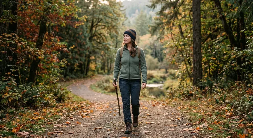 Person walking outdoors in a calm natural setting