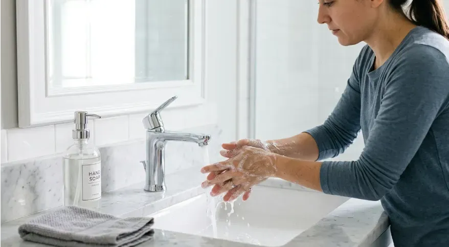 A person washing hands thoroughly with soap under running water in a clean sink.