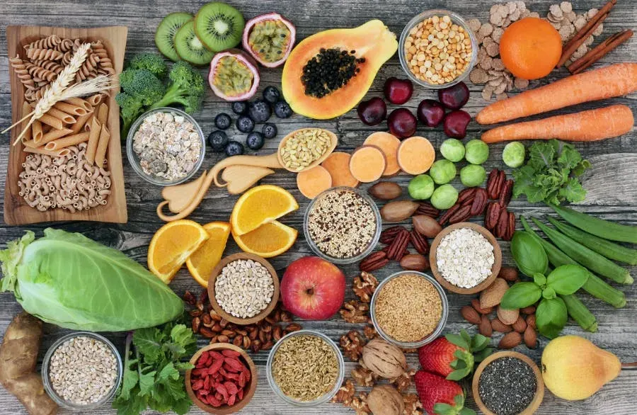 A colorful, balanced meal with proteins, healthy fats, and fiber-rich carbohydrates.