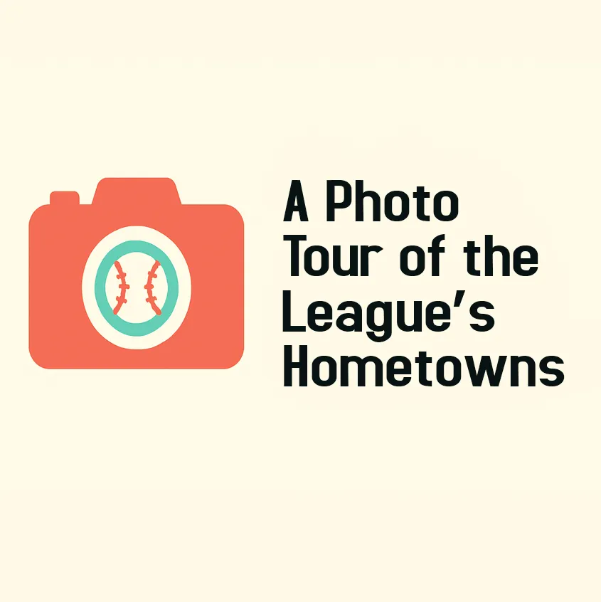 Flat graphic of a coral-red vintage camera with a turquoise baseball inside the lens, next to bold black text that reads 'A Photo Tour of the League’s Hometowns' on a light cream background