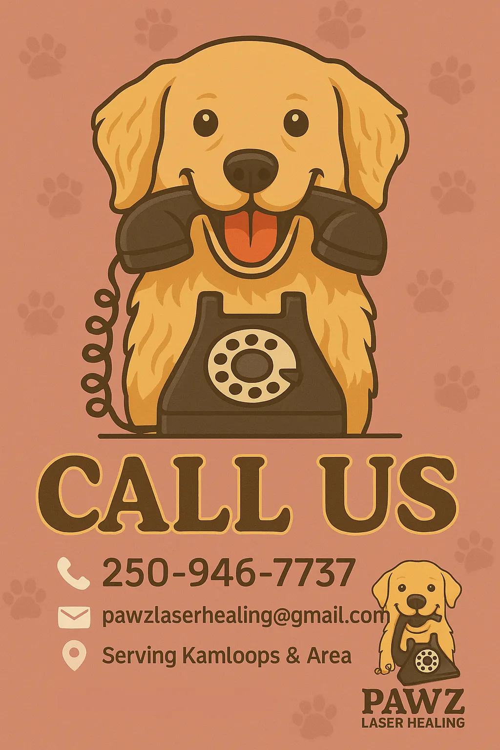 Golden retriever cartoon holding rotary phone, call Pawz Laser Healing in Kamloops for pet red light therapy, contact info displayed