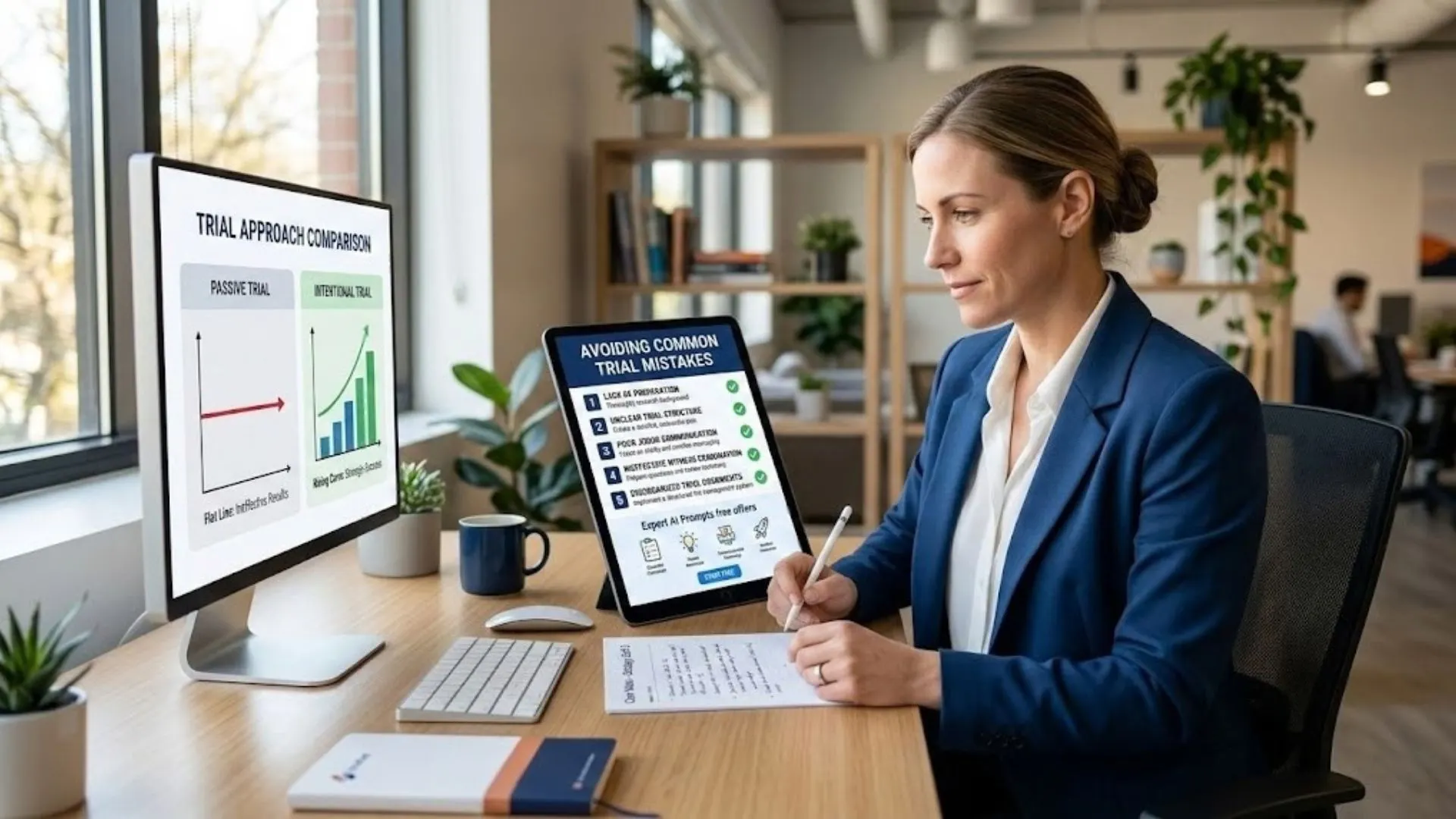 Business owner reviewing checklist of mistakes to avoid during expert ai prompts free trial