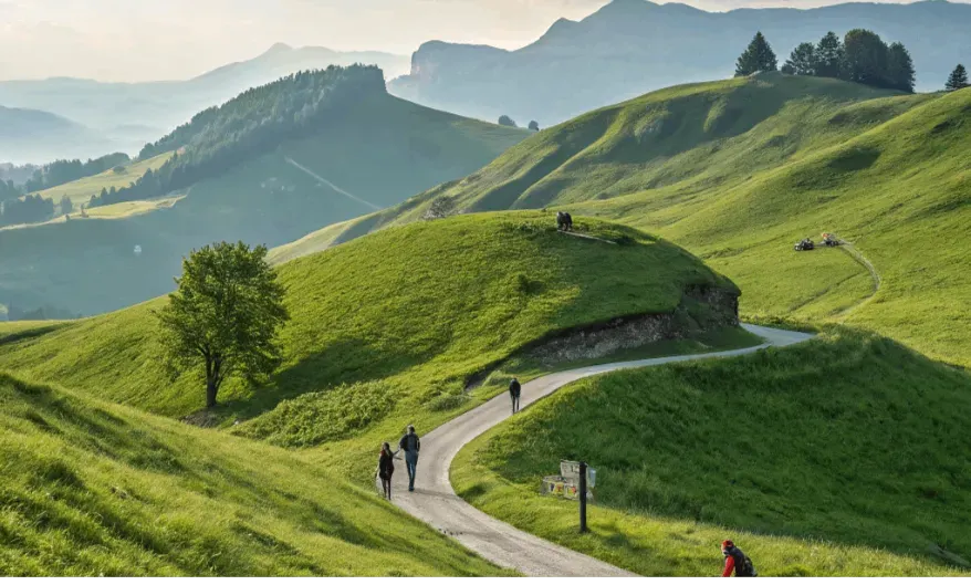 Swiss landscape promoting active lifestyle with walking and cycling