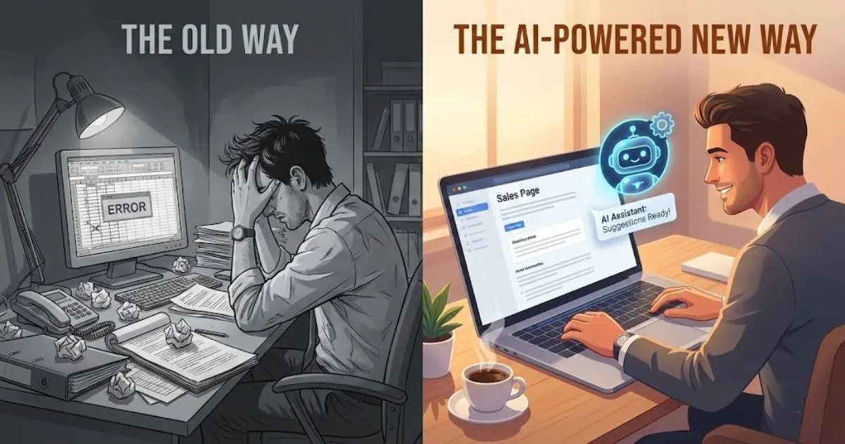 Split screen showing stressed business owner vs confident entrepreneur using ai sales copy tools.