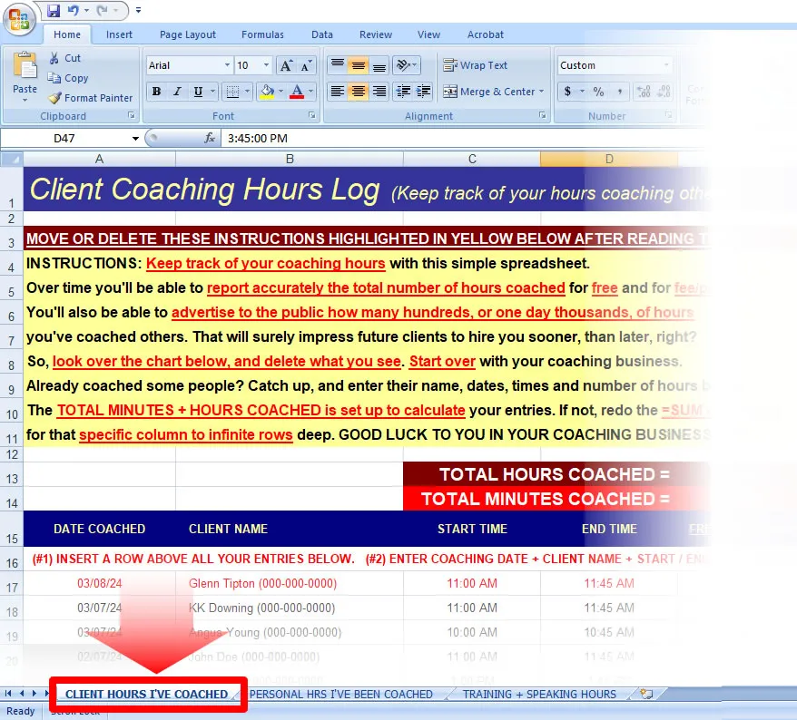 Coaching / Speaking Hour Log (1 EXCEL FILE)