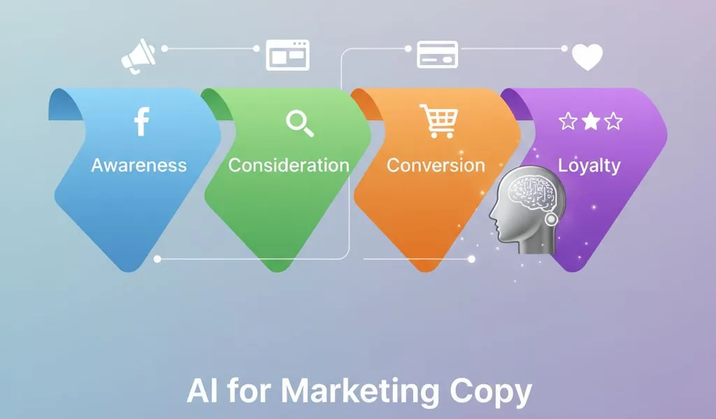 A graphic of the customer journey, showing how AI for marketing copy can be used to create content for every stage, from AI website copy to email automation.