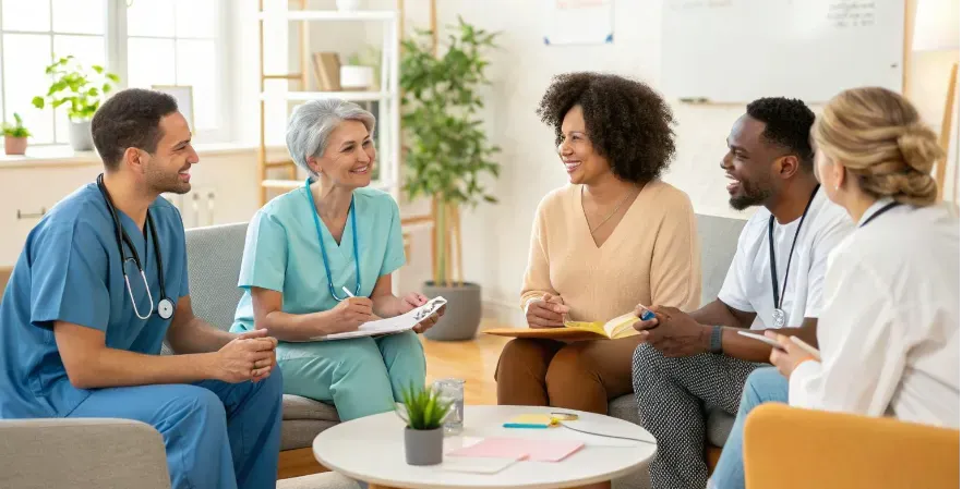 Healthcare professionals and patients engaging in patient-centered care discussion.