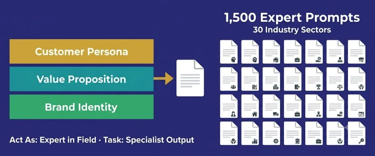 Expert AI Prompts 1,500 prompt architecture showing Act As expert, Task specialist, and three context layers