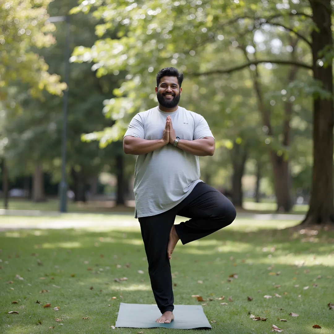 East Asian overweight man doing yoga outside