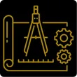 icon depicting protractor, gears, and draft paper in black and gold depicting engineering services