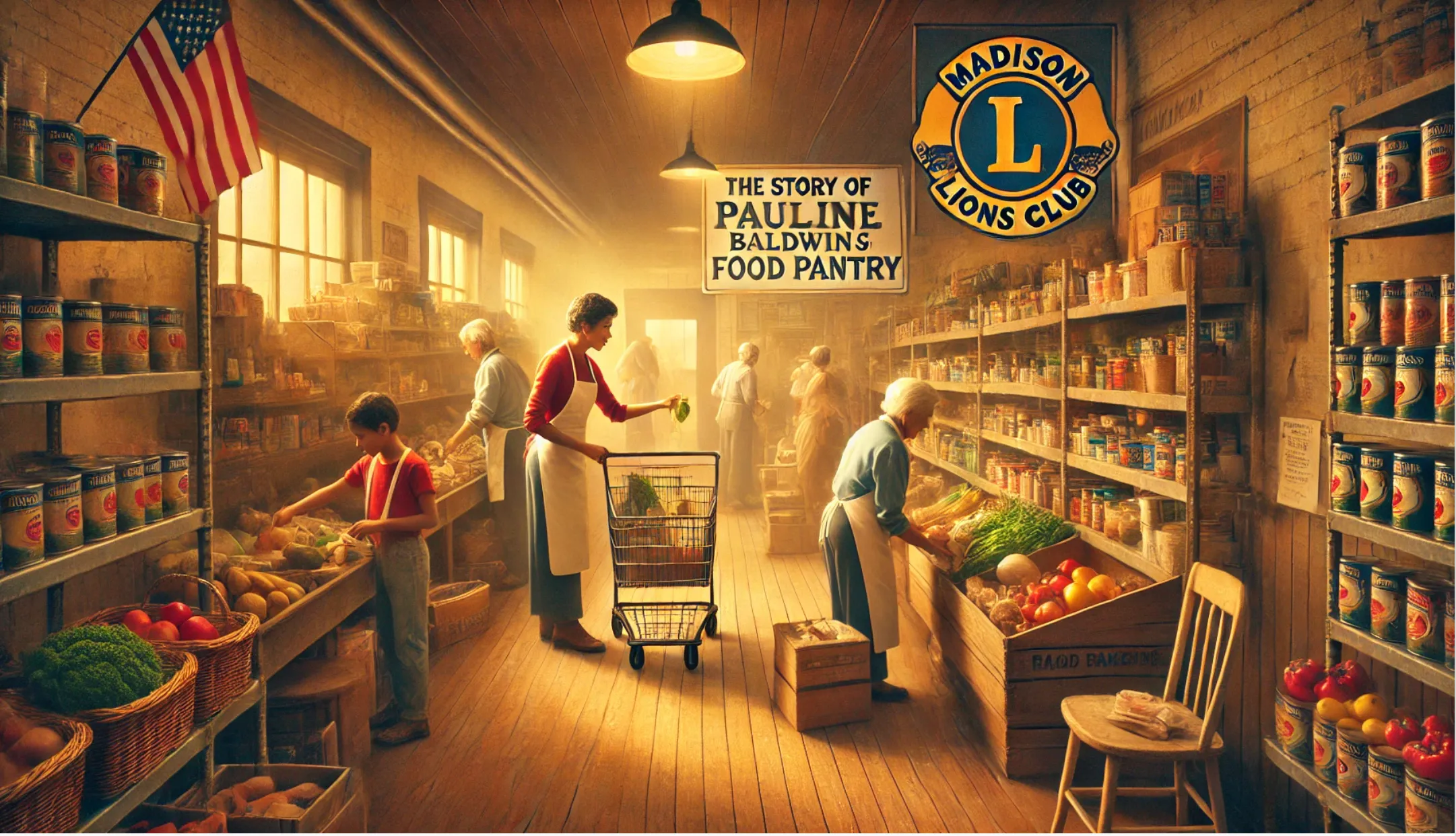 Welcoming community food pantry with well-organized shelves of fresh produce, canned goods, and essentials. Volunteers assisting families in a warm and inviting environment, reflecting the legacy of Pauline Baldwin and Madison Lions Club support. A symbol of care, generosity, and food security in Madison, Connecticut.