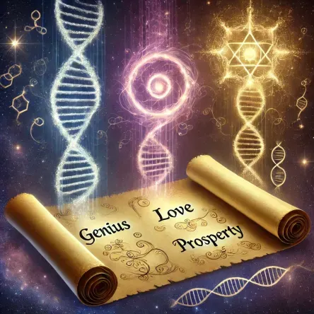 A mystical scroll with glowing paths representing the Activation, Venus, and Pearl Sequences of the Gene Keys under a cosmic sky