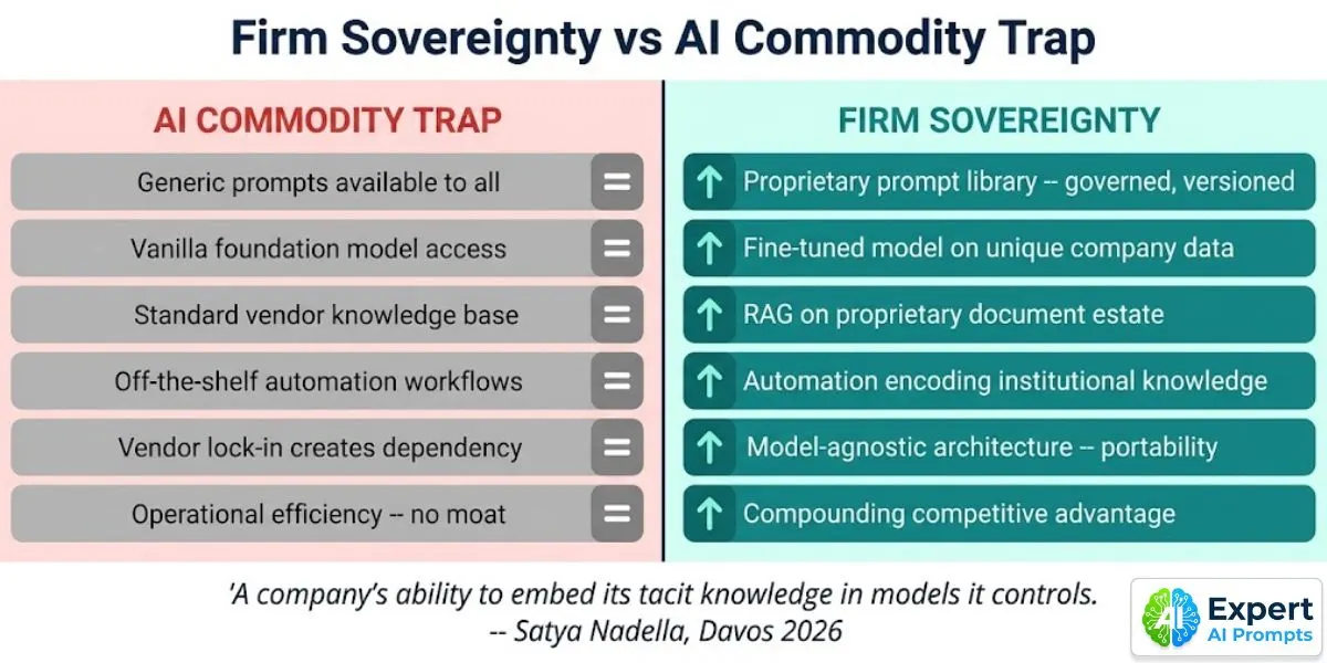 Firm Sovereignty vs AI Commodity Trap -- six contrasts showing generic AI parity vs proprietary AI moat
