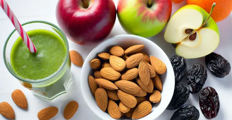 a variety of nuts, particularly almonds, in a bowl, alongside fresh fruits like apples and prunes, and a glass of green smoothie.